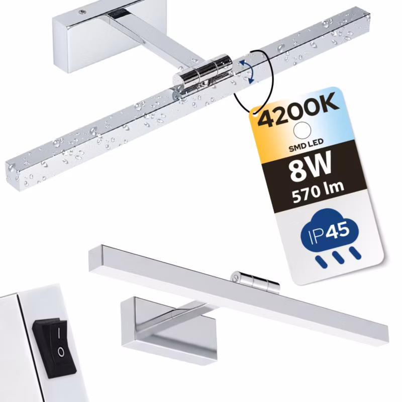 Kinkiet HOROZ pokojowy,łazienkowy nad lustro pokojowy LED 8W, 570lm, 4200K, IP45, chrom, KARTAL-8 1szt.