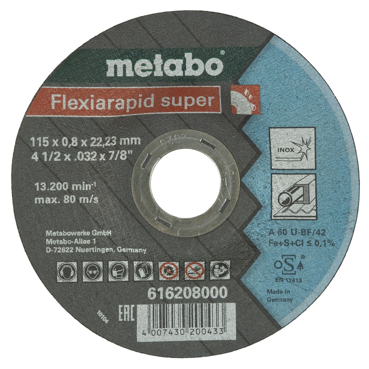 Tarcza tnąca Flexiarapid super 115×0,8×22,23 Inox, TF 42 Metabo 616208000