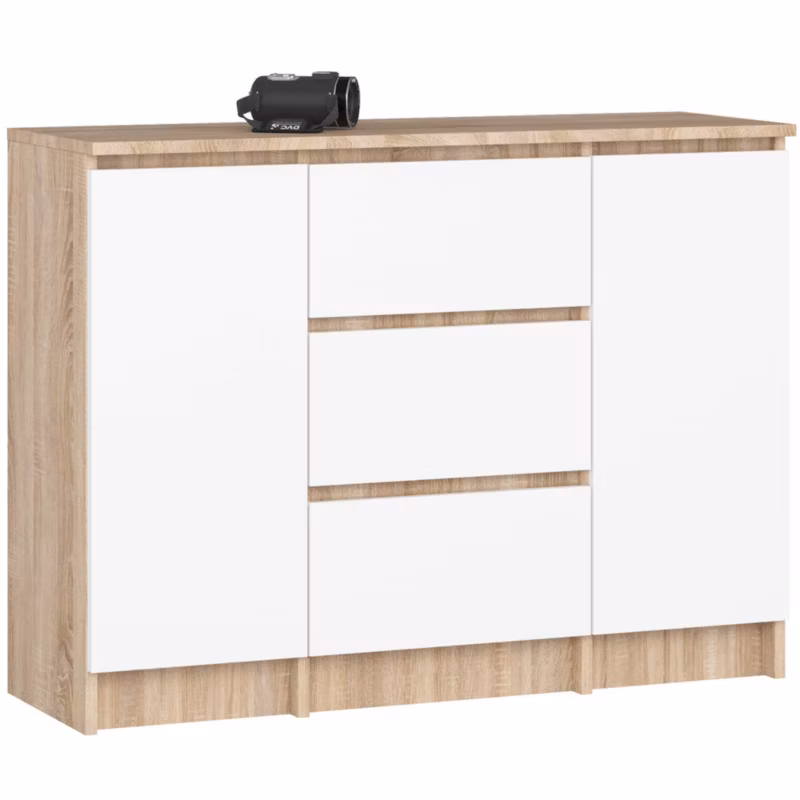 Komoda AKORD K100 kolor Dąb Sonoma, Biały mat 101 cm 2 drzwi 3 szuflady 4 półki 101x35x76 cm 1 szt.