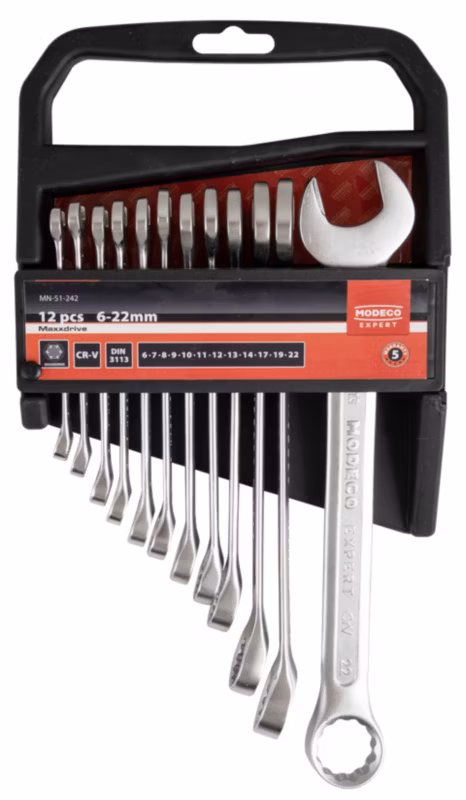 Kpl. kluczy płasko-oczkowych Modeco Expert 6-22 mm Cr-V satin – opakowanie plastikowe – 12 el.