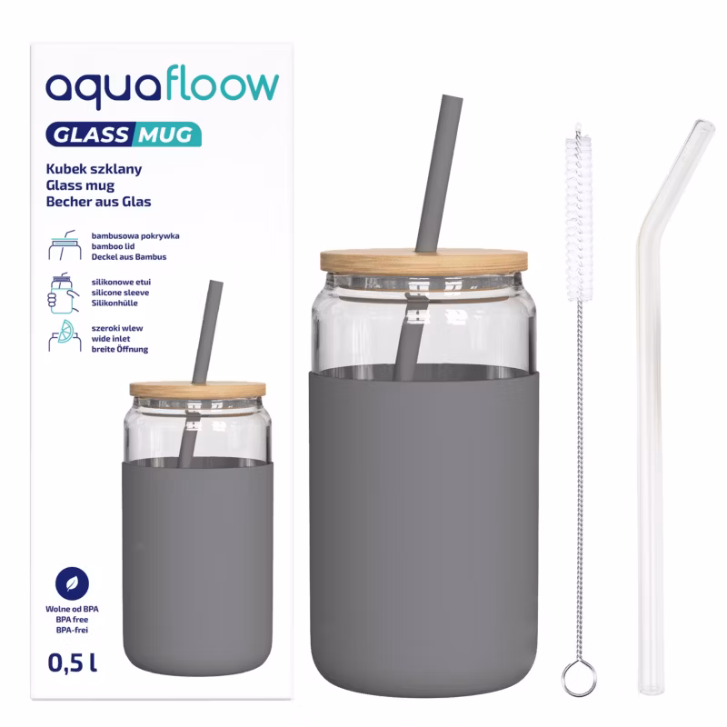 Kubek szklany, AquaFloow, z silikonowym etui, bambusową pokrywką, 2 słomkami, na napoje, 500ml, szary, 1szt