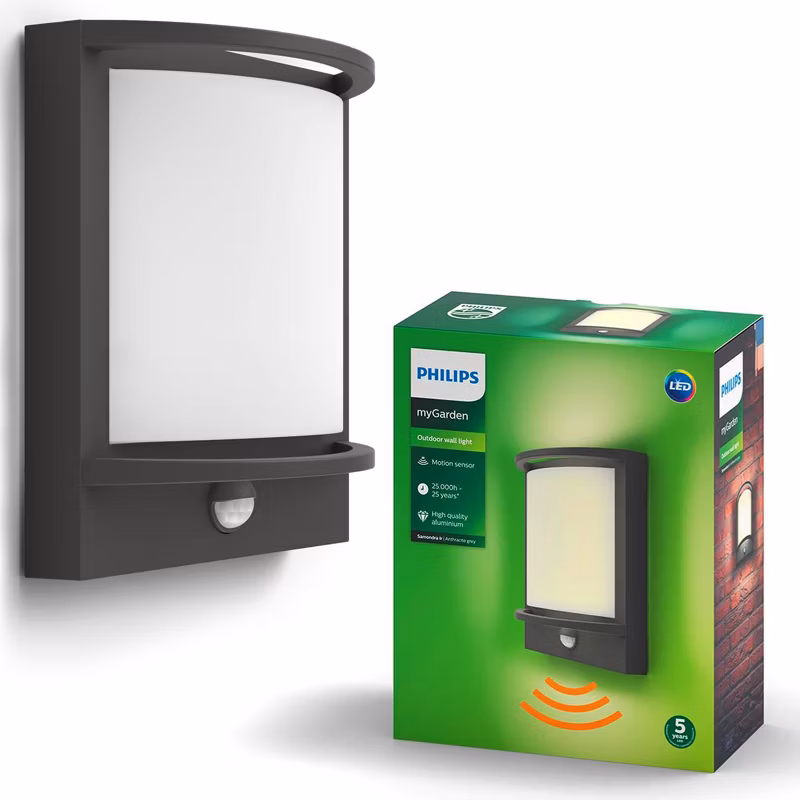 Kinkiet Ogrodowy Philips Lampa Elewacyjna Zewnętrzna LED 12W 1200lm 2700K IP44 z Czujnikiem Ruchu i Zmierzchu Antracyt 1 szt.