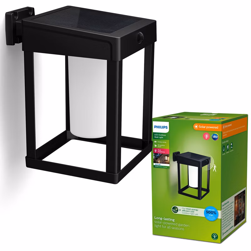 Kinkiet Ogrodowy Philips Lampa Solarna Elewacyjna Zewnętrzna LED 1.4W 250lm 3000K z Czujnikiem Ruchu i Zmierzchu Czarna 1 szt.