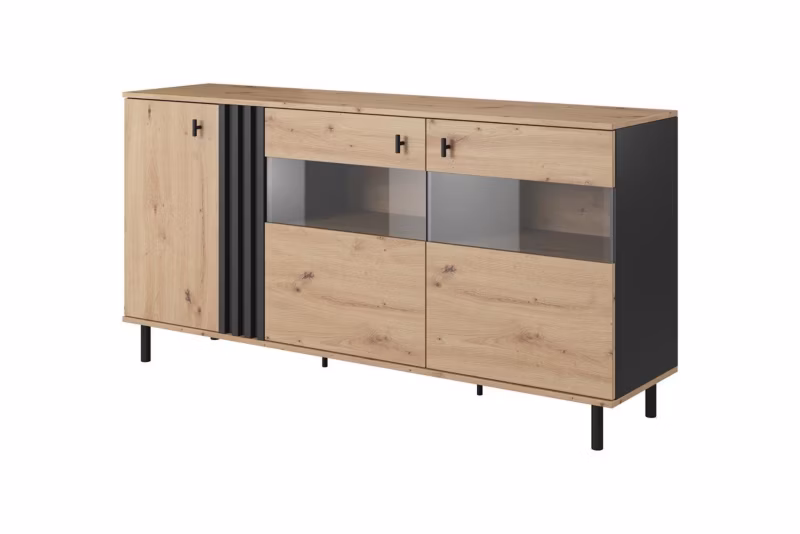 Komoda trzydrzwiowa z witryną Bettso Madis industrialna dąb artisan czarny antracyt 1szt.