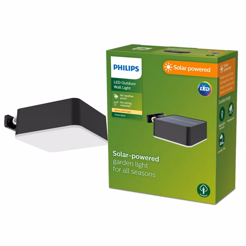 Kinkiet Ogrodowy Vynce Philips Lampa Solarna Elewacyjna Zewnętrzna LED 1.5W 200lm 2700K Czarna 1 szt. 8720169265660
