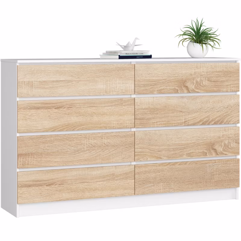 Komoda Akord K160 Biała 160 cm 8 szuflad kolor Dąb Sonoma mat 160x40x99 cm 1 szt.