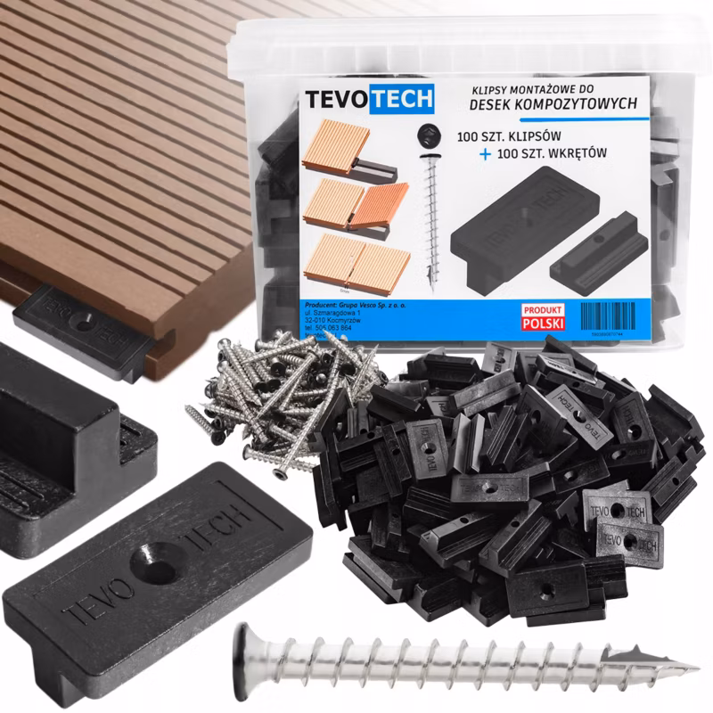 Klipsy montażowe + wkręty do desek kompozytowych i drewnianych TEVOTECH 100×100 szt.