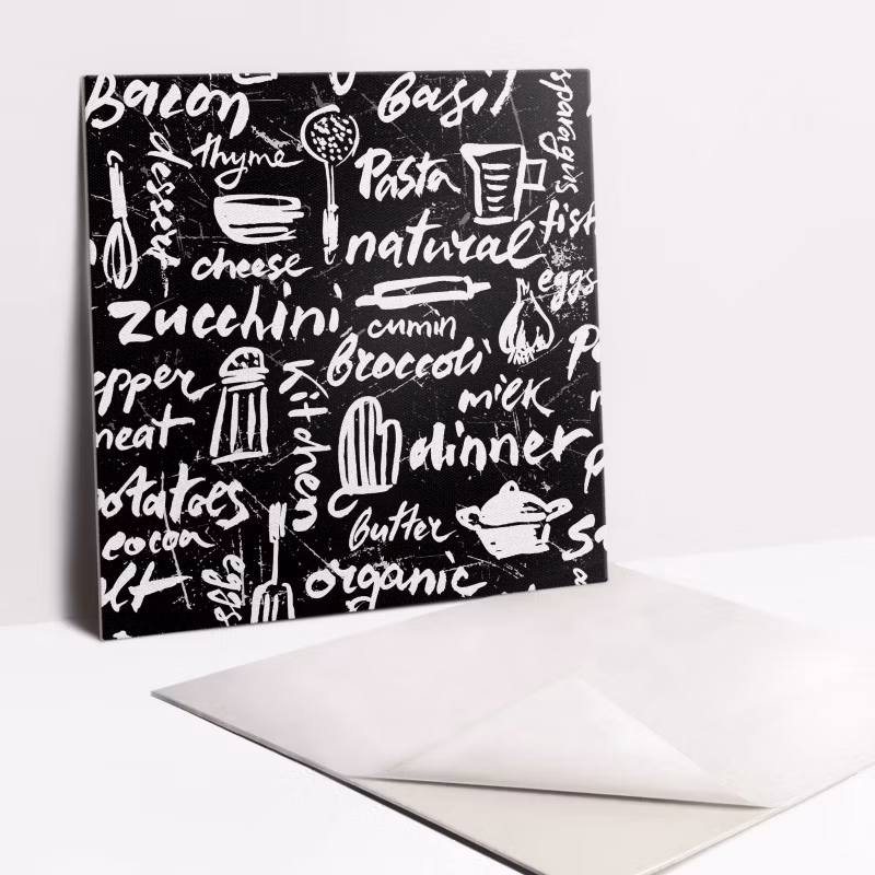 Kafelki samoprzylepne Tulup 30×30 cm Czarno białe kuchenne napisy 9 szt.