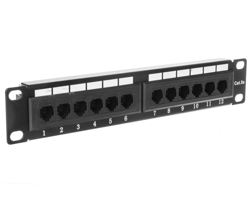 Patch panel 10 cali 12Port cat 5e wyposażony czarny 10‑0004