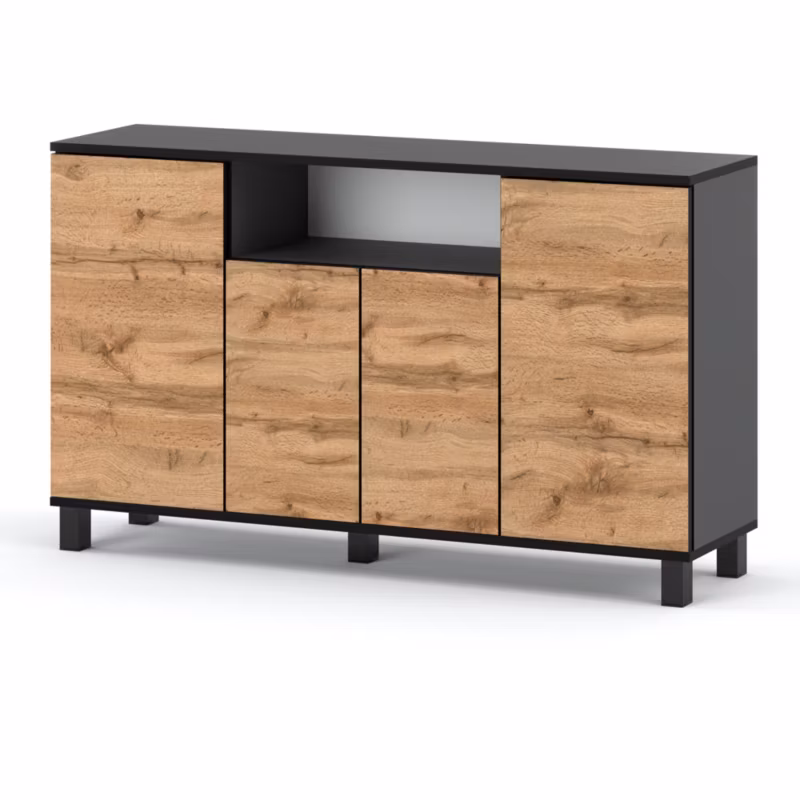 Komoda Hurtownia-Mebli 4 Drzwi Bruno 140cm Szary Mat Dąb Wotan 140x35x80 cm 1szt.