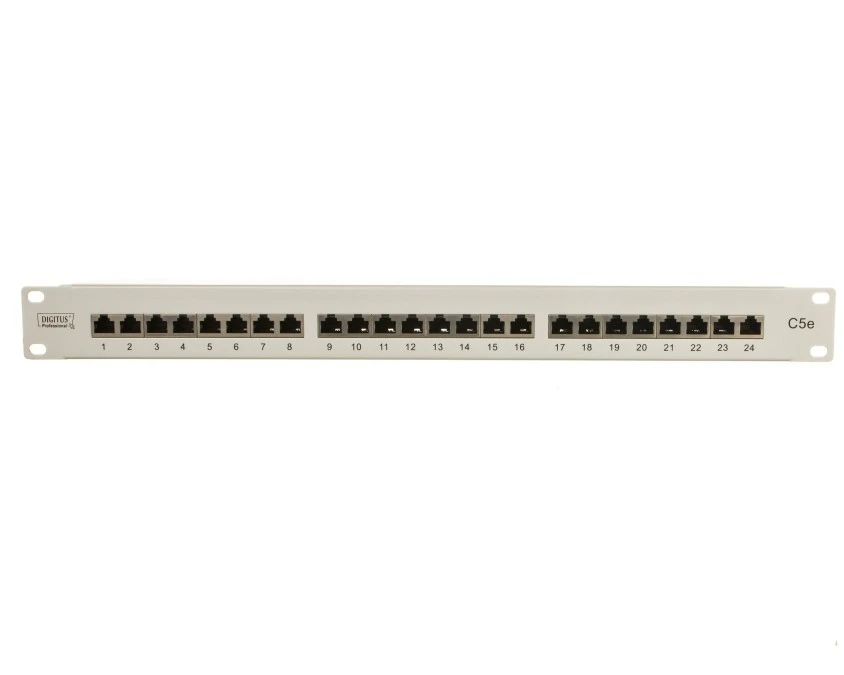 Patch panel kompletny 19 cali 24x RJ45 S/FTP kat. 5e 1U szary (RAL 7035) DN‑91524S
