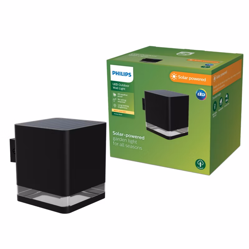 Kinkiet Ogrodowy Virona Philips Lampa Solarna Elewacyjna Zewnętrzna LED 1.8W 200lm 2700K z Czujnikiem Zmierzchu Czarna 1 szt.