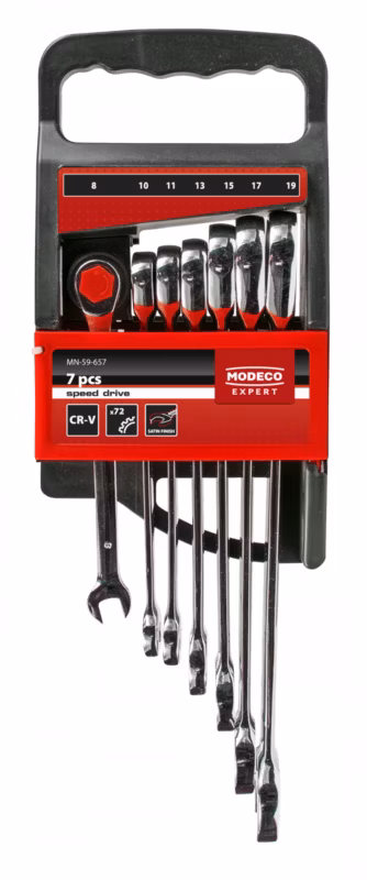 Kpl. kluczy płasko oczkowych z grzechotką Modeco Expert 8-19 mm – zawieszka plastikowa – 7 el.