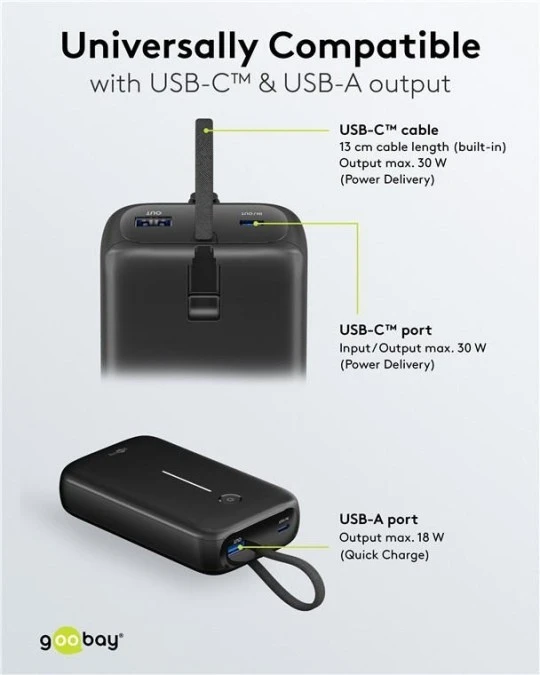 Powerbank 20000mAh z wbudowanym kablem USB‑C czarny 76252