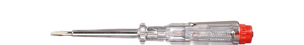 Próbnik napięcia 220‑250 V płaski przeźroczysty, z klipsem do przypinania w blistrze 3,0 mm x 60 mm SB2553 32201