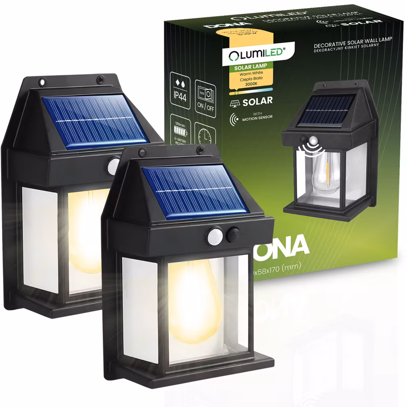 Kinkiet Solarny Lumiled Lampa Elewacyjna LED 3000K IP44 z Czujnikiem Ruchu i Zmierzchu 2 szt.