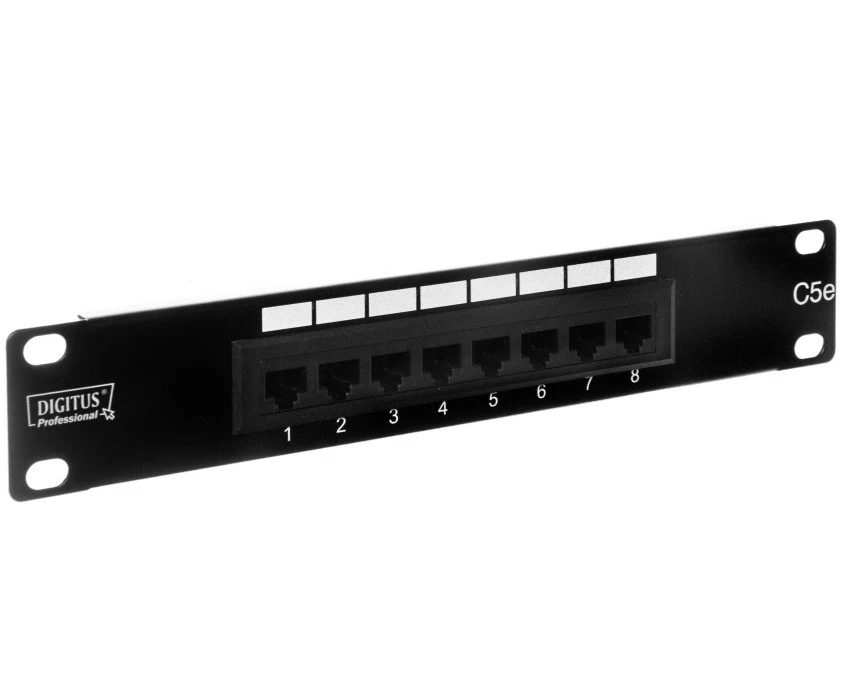 Patch panel kompletny 10cali 8x RJ45 U/UTP kat. 5e 1U czarny (RAL 9005) DN‑91508U