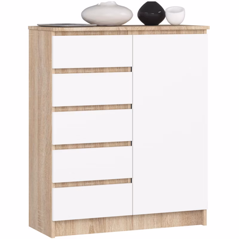 Komoda Akord K80 Dąb Sonoma 80 cm 1 drzwi 5 szuflad kolor Biały mat 3 półki 80x35x97 cm 1 szt.