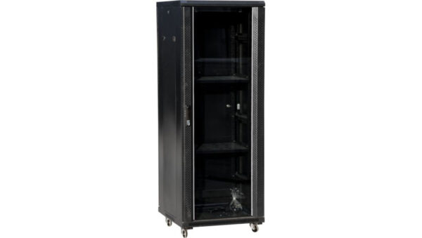 Szafa teleinformatyczna rack 19 cali 42U 800×800, drzwi szklane, kolor czarny FLAT PACK