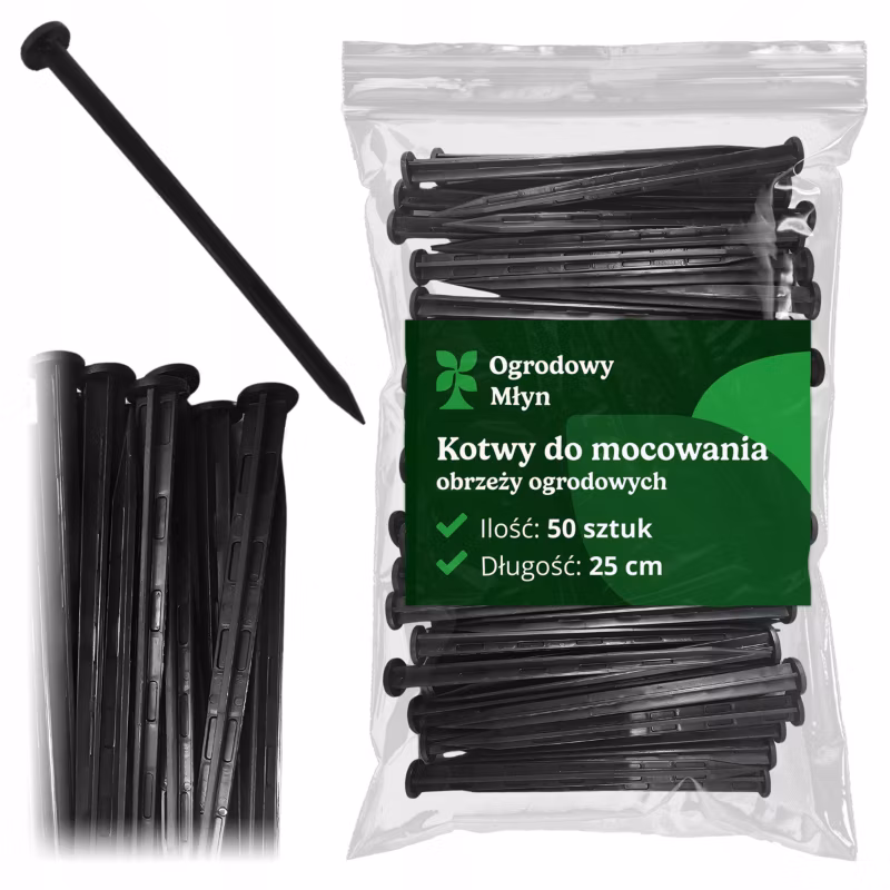 Kotwy Ogrodowy Młyn szpilki do borderów obrzeży 25 cm plastikowe twarde uniwersalne 50 szt