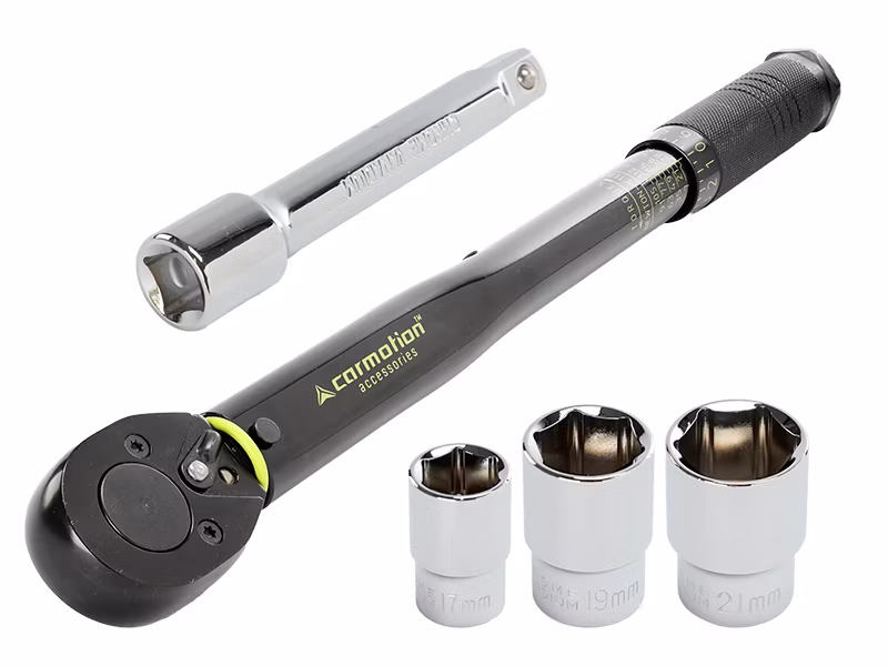 Klucz dynamometryczny, Carmotion, 28-210 Nm, 1/2″ + nasadki 17, 19 i 21 mm + przedłużka 125 mm, certyfikat kalibracji, 1 szt.