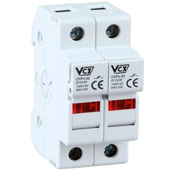 Podstawa bezpiecznikowa 32A 2‑biegunowa 2P (1000V DC) 2‑modułowa podświetlana na wkładki 10x38mm VCX
