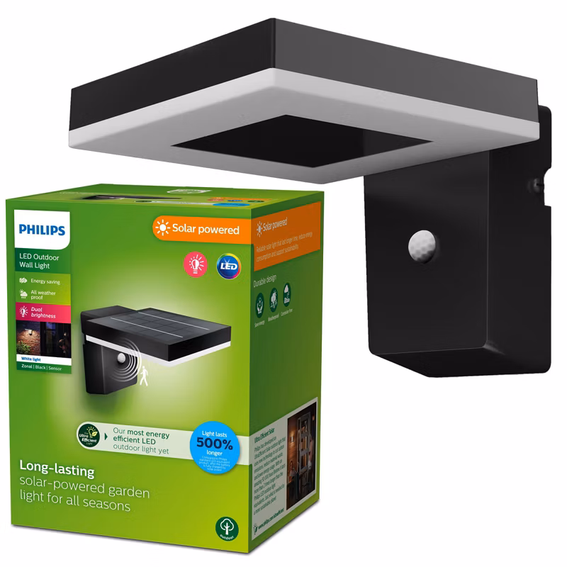 Kinkiet Ogrodowy Philips Lampa Solarna Elewacyjna Zewnętrzna LED 1.3W 250lm 3000K z Czujnikiem Ruchu i Zmierzchu Czarna 1 szt.