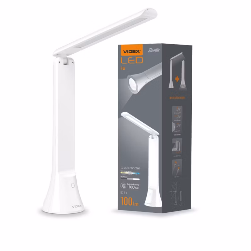 Lampa biurkowa Videx biała LED 5W 3000K / 4000K / 6500K 100lm akumulator IP20 wym: 26.4 x 7.4 x 7.4 cm tworzywo sztuczne – 1 szt.