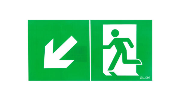 Piktogram 150×300 PD22 obrotowa strzałka człowiek w drzwiach logo awex (ISO7010)