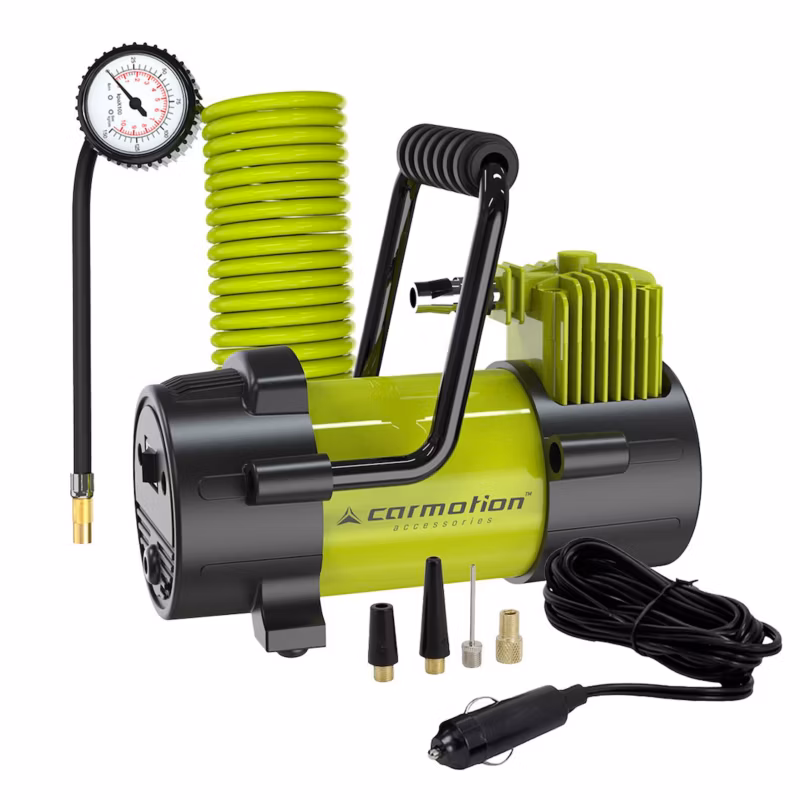 Kompresor powietrza tłokowy 12V 10 BAR, Carmotion, wąż spiralny 400 cm z analogowym ciśnieniomierzem, 4 adaptery, 1 szt.