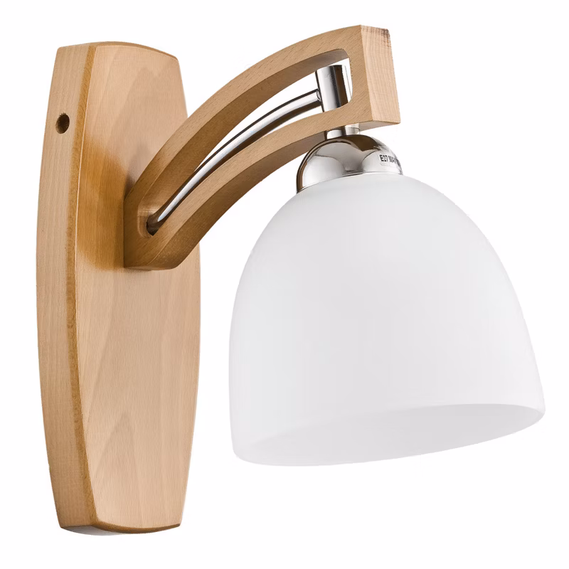 Kinkiet biały szklany klosz Alfa MAGNAT jasne drewno 1xE27x15W IP20 – 1 szt.