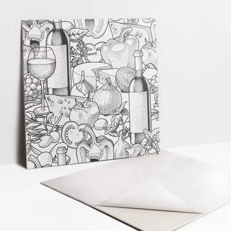 Kafelki samoprzylepne Tulup 30×30 cm Motyw z butelką wina i warzywami 9 szt.