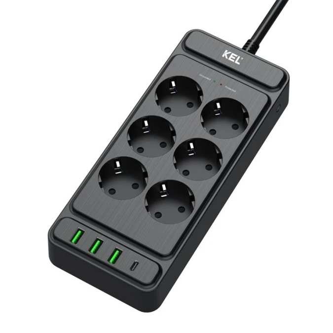 Listwa przepięciowa, 6 gniazd 2p+Z oraz gniazdami USB A, USB C, 2m, SCHUKO KEL