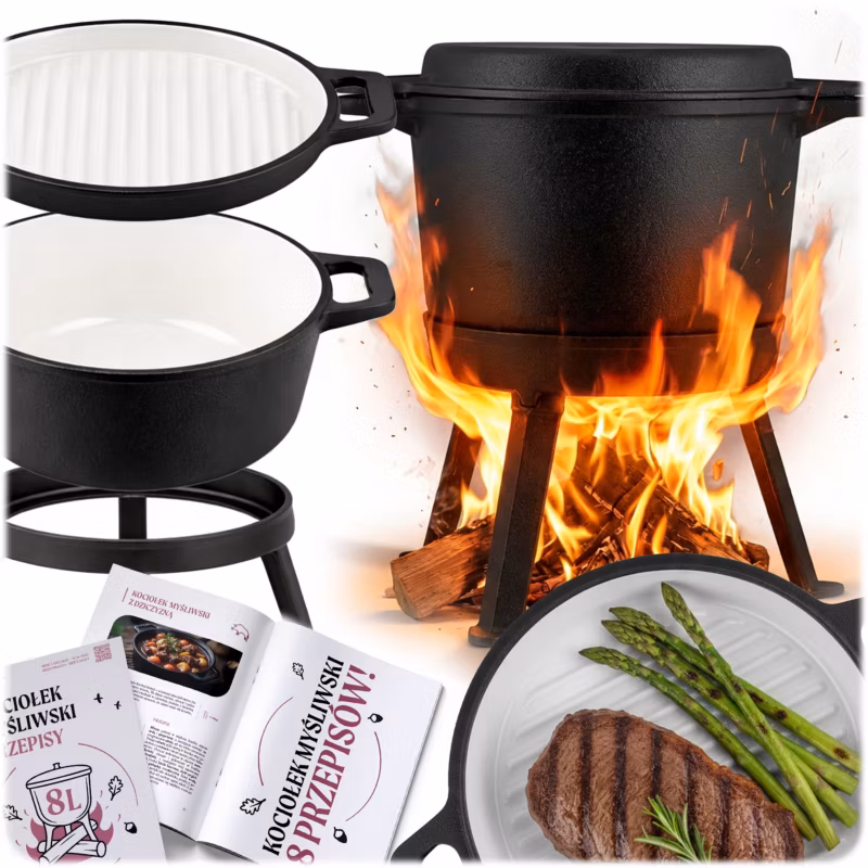 Kociołek żeliwny emaliowany Berdsen BD-480 garnek 8L stojący + patelnia grill + przepisy 1szt.