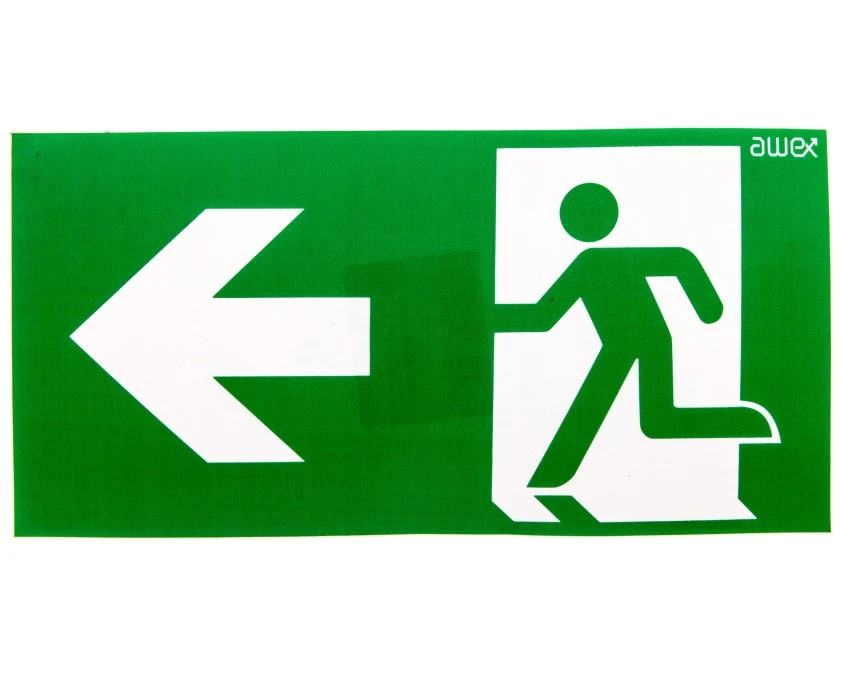 Piktogram PS24 125×250 strzałka lewo człowiek w drzwiach logo awex (ISO7010)