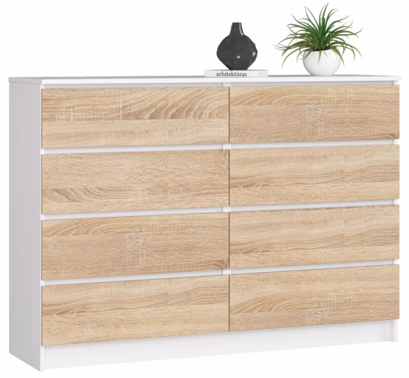 Komoda Akord K140 Biała 138 cm 8 szuflad kolor Dąb Sonoma mat 138x40x99 cm 1 szt.
